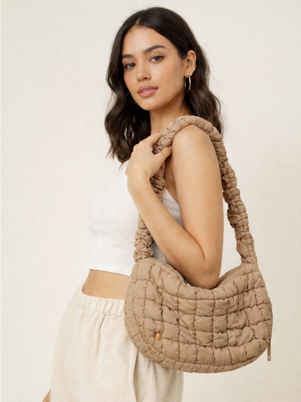 Quilted Crescent Shoulder Bag in Beige